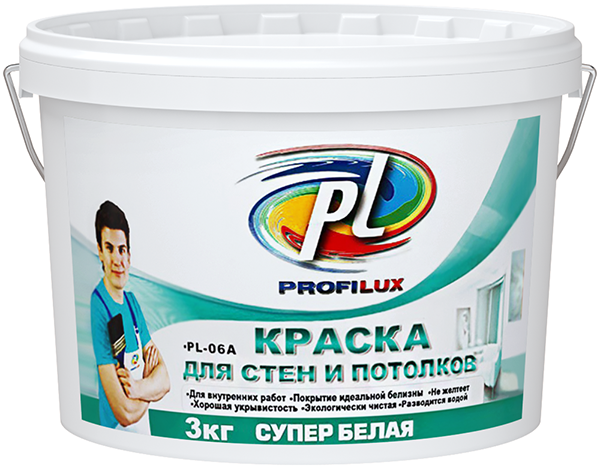 Краска ВД "Профилюкс" PL-06А акрил. СУПЕРбел для стен и потолков, 1,4кг