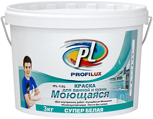 Краска ВД "Профилюкс" PL-13L латекс. моющаяся износоуст. СУПЕРбел, база 1, 1,4кг